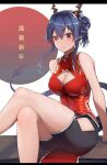  1girl arknights bangs bare_arms bare_legs bare_shoulders black_shorts blue_hair breasts ch&#039;en_(ageless_afterglow)_(arknights) ch&#039;en_(arknights) china_dress chinese_clothes cleavage cleavage_cutout clothing_cutout commentary_request crossed_legs dragon_horns dress eyebrows_visible_through_hair feet_out_of_frame hair_bun highres horns large_breasts looking_at_viewer red_dress red_eyes shorts sidelocks sitting sleeveless sleeveless_dress smile solo thighs translated white_background yuzuruka_(bougainvillea) 