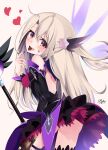 1girl ascot bare_shoulders black_dress blush breasts card_holster chocolate detached_sleeves dress earrings energy_wings fate/grand_order fate/kaleid_liner_prisma_illya fate_(series) hair_ornament heart highres illyasviel_von_einzbern jewelry kaleidostick layered_skirt long_hair looking_at_viewer looking_back one_side_up open_mouth pei_iriya purple_skirt red_eyes red_skirt sidelocks skirt small_breasts smile solo testament_(fate) tongue tongue_out wand white_hair 
