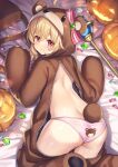  1girl animal_costume animal_ears animal_hood animal_print ass bag bare_back bear_costume bear_ears bear_hood bear_print bear_tail blonde_hair blush candy closed_mouth commentary_request crystal fake_animal_ears fake_tail food from_behind gem halloween highres hood jack-o&#039;-lantern ks_(xephyrks) little_witch_nobeta long_hair looking_at_viewer looking_back lying nobeta official_art on_stomach open_clothes panties pink_panties print_panties pumpkin red_eyes second-party_source solo tail thighs underwear unzipped wand wrapped_candy 