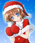  1girl bangs blue_eyes blush bow brown_hair capelet christmas closed_mouth commentary_request dress eyebrows_visible_through_hair fur-trimmed_capelet fur-trimmed_mittens fur_trim hat holding looking_at_viewer lyrical_nanoha mahou_shoujo_lyrical_nanoha_innocent red_capelet red_dress red_mittens santa_dress santa_hat short_hair smile snowing snowman solo stern_starks upper_body white_bow yorousa_(yoroiusagi) 