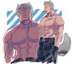  1boy abs animal_ears bara belt black_pants breasts brown_belt copyright_request facial_hair fangs grey_hair holding large_breasts male_focus n_nununu_n nipples pants smoker_(one_piece) solo spiked_hair stubble tail topless_male wolf_ears wolf_tail 