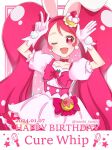  1girl animal_ears cake cake_hair_ornament character_name choker cure_whip dated dress earrings extra_ears food food-themed_hair_ornament fruit_brooch gloves hair_ornament happy_birthday jewelry kirakira_precure_a_la_mode long_hair looking_at_viewer magical_girl open_mouth pink_background pink_choker pink_corset pink_dress pink_eyes pink_hair pom_pom_(clothes) pom_pom_earrings precure puffy_short_sleeves puffy_sleeves rabbit_ears short_sleeves smile solo strawberry_brooch strawberry_shortcake tanshi_tanshi twintails twitter_username upper_body usami_ichika white_gloves 
