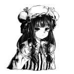  1girl blunt_bangs bow buttons closed_mouth crescent crescent_hat_ornament dress greyscale hair_bow hat hat_ornament kourou_(kouroukun) long_hair looking_at_viewer monochrome neck_ribbon patchouli_knowledge ribbon simple_background solo striped striped_dress touhou upper_body 