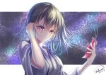  1girl adjusting_hair artist_name black_hair chakuma_(yiyh1468) closed_mouth dated hair_behind_ear hand_up holding_tanzaku japanese_clothes kimono letterboxed looking_at_viewer medium_hair outside_border purple_eyes sky smile solo star_(sky) starry_sky tanzaku upper_body white_kimono wide_sleeves yahari_ore_no_seishun_lovecome_wa_machigatteiru. yukinoshita_haruno 