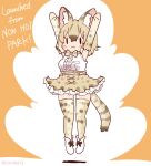  1girl animal_ears arms_up belt bow bowtie brown_background cat_ears cat_girl cat_tail coroha elbow_gloves extra_ears full_body gloves grey_hair jumping kemono_friends kemono_friends_3 looking_at_viewer serval_(ex4)_(kemono_friends) serval_print shirt shoes short_hair simple_background skirt sleeveless sleeveless_shirt solo tail thighhighs 