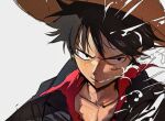  1boy black_hair black_suit business_suit hat highres male_focus monkey_d._luffy niroxin one_piece one_piece:_strong_world shirt solo straw_hat striped striped_shirt suit 