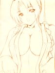  1girl breasts cleavage closed_mouth commentary_request curtained_hair fatal_fury hands_up head_tilt highres japanese_clothes large_breasts long_hair looking_at_viewer monochrome open_clothes ponytail rope shimenawa shiranui_mai sketch smile solo tagatamest the_king_of_fighters traditional_media upper_body 