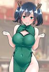  1girl blue_hair breasts china_dress chinese_clothes cleavage cleavage_cutout clothing_cutout covered_navel dragon_horns dress furaggu_(frag_0416) green_dress green_eyes grin groin highres horns kantai_collection large_breasts looking_at_viewer navel short_hair sleeveless sleeveless_dress smile solo souryuu_(kancolle) twintails 