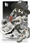  1boy a_a2001214 absurdres artist_name black_background black_headwear bloblobber_(splatoon) border bubble closed_mouth commentary_request dark-skinned_male dark_skin eyebrow_cut full_body gradient_background grey_background grey_shorts hat highres holding holding_weapon looking_at_viewer low_ponytail medium_hair octoling octoling_boy shirt shoes short_ponytail shorts smile solo splatoon_(series) splatoon_2 standing standing_on_one_leg tentacle_hair twitter_username two-tone_background very_dark_skin weapon white_border white_eyes white_footwear white_shirt 