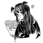  ! !! 1girl bat_wings book cropped_torso greyscale head_wings holding holding_book koakuma kourou_(kouroukun) long_hair manga_(object) monochrome open_mouth shirt simple_background solo teeth touhou upper_body upper_teeth_only v-shaped_eyebrows vest wings 