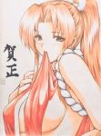  1girl black_eyes breasts clothes_in_mouth commentary_request curtained_hair fatal_fury hair_ribbon hand_on_own_chest high_ponytail highres japanese_clothes large_breasts long_hair looking_at_viewer looking_to_the_side low-cut_armhole orange_hair plunging_neckline ribbon rope seal_impression shimenawa shiranui_mai sideboob sidelocks tagatamest the_king_of_fighters traditional_media translation_request white_ribbon 