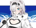  1girl :o animal_ears arknights aurora_(arknights) bear_ears bear_girl black_gloves black_hairband black_shirt breasts carrying cleavage cleavage_cutout clothing_cutout extra_ears eyes_visible_through_hair gloves grey_hair hair_ornament hair_over_one_eye hairband hairclip highres jacket joshua_(shisanli934) large_breasts long_bangs long_hair long_sleeves open_mouth shirt shoulder_carry solo white_jacket 