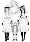  3girls :o aged_down alternate_costume arms_up bike_shorts buttons coat double-breasted facing_another fedora full_body greyscale hagyouayumu hat highres holding_another&#039;s_wrist idolmaster idolmaster_shiny_colors izumi_mei mayuzumi_fuyuko monochrome multiple_girls serizawa_asahi shoes simple_background sleeves_past_fingers sleeves_past_wrists sneakers straylight_(idolmaster) trench_coat white_background zoom_layer 