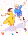  1boy 1girl bare_legs black_eyes blonde_hair blue_shirt blush brown_footwear brown_hair collared_dress collared_shirt colorful dancing dress dress_shirt dutch_angle feet_up fingernails flat_chest full_body grey_pants hair_ornament hairclip happy height_difference holding_hands iwakura_mitsumi light_smile loafers mary_janes open_mouth outstretched_arm pants parted_bangs parted_lips petals pink_shirt red_footwear shadow shima_sousuke shirt shoes short_hair short_sleeves side-by-side simple_background skip_to_loafer standing standing_on_one_leg sumustard teeth tsurime twitter_username two-tone_shirt upper_teeth_only vanishing_point white_background yellow_dress 