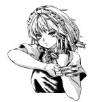  1girl between_fingers bow braid cropped_torso fighting_stance greyscale hair_bow holding holding_knife izayoi_sakuya knife knives_between_fingers kourou_(kouroukun) looking_at_viewer medium_hair monochrome shirt short_sleeves simple_background solo touhou twin_braids upper_body v-shaped_eyebrows vest 