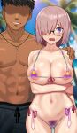  1boy 1girl :o arm_under_breasts ass_visible_through_thighs bikini blush breasts collarbone condom covered_nipples cowboy_shot cum dark-skinned_male dark_skin day fate/grand_order fate_(series) glasses highres large_breasts male_swimwear mash_kyrielight navel nt00 outdoors pink_hair pubic_hair purple_eyes rainbow_print see-through shiny_skin short_hair smile stray_pubic_hair swimsuit topless_male used_condom 
