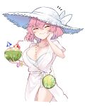  1girl breasts cleavage closed_eyes closed_mouth collarbone cowboy_shot cropped_legs deetamu dress drinking_straw food fruit hair_between_eyes hat highres holding holding_food holding_fruit large_breasts official_alternate_costume pink_hair saigyouji_yuyuko short_hair simple_background smile solo straw_hat touhou touhou_lost_word white_background white_dress white_headwear 