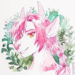 akatan_art anthro braided_hair eyelashes female fur glistening glistening_eyes grin hair headshot_portrait horn looking_at_viewer orange_eyes painting_(artwork) pink_body pink_fur pink_hair pink_horn portrait signature smile solo traditional_media_(artwork) watercolor_(artwork) white_body white_fur