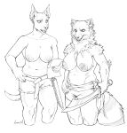 2024 5_fingers anthro bottomwear breasts canid canine canis clothed clothing dobermann domestic_dog duo female fingers fur graphite_midnight hi_res humanoid_hands jewelry mammal melee_weapon navel necklace nipples pants paper pinscher pirate procyonid raccoon shorts signature sketch sword teeth topless topless_anthro topless_female weapon