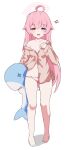  1girl absurdres ahoge alternate_costume bare_shoulders barefoot blue_archive blue_eyes bow bow_panties commentary_request full_body hair_between_eyes halo highres holding holding_stuffed_toy hoshino_(blue_archive) long_hair looking_at_viewer off_shoulder panties pink_panties pink_skirt revision shirt short_sleeves sidelocks simple_background skirt solo stomach stuffed_animal stuffed_toy stuffed_whale tears toroi_jd underwear white_background 