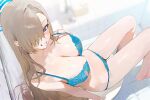 1girl asuna_(blue_archive) bare_shoulders blue_archive blue_bra blue_eyes blue_panties blush bra breasts cleavage collarbone grin hair_over_one_eye halo large_breasts light_brown_hair long_hair looking_at_viewer panties preview_(preview0) smile solo thighs underwear very_long_hair 