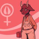 2019 2_horns anthro belt bovid box brown_body brown_fur caprine clothed clothing container cross cross_necklace deer_(artist) digital_media_(artwork) eyebrows female female_symbol fully_clothed fur gender_symbol goat hi_res holding_box holding_container holding_object holding_toolbox horn jewelry looking_at_viewer mammal nan_(nq) nan_quest necklace orange_clothing orange_shirt orange_topwear overalls pen pink_background pink_theme pockets portrait red_eyes screwdriver shirt simple_background snout solo standing symbol three-quarter_portrait three-quarter_view toolbox tools topwear