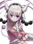  1girl blue_eyes capelet commentary_request dragon_girl dragon_horns geisha-geisha- hair_bobbles hair_ornament hairband horns kanna_kamui kobayashi-san_chi_no_maidragon long_hair looking_at_viewer low_twintails revision simple_background slit_pupils solo tail thighhighs twintails v_arms white_background white_thighhighs zettai_ryouiki 