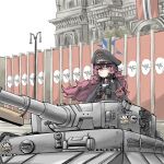  1girl armband banner binoculars blue_archive building collared_shirt commentary_request cross driving grey_eyes hair_between_eyes halo hat headphones iroha_(blue_archive) iron_cross lamppost long_hair long_sleeves looking_at_viewer military_vehicle motor_vehicle nanashi_shi_(pixiv_98920795) outdoors peaked_cap red_armband red_hair school_uniform shirt sidelocks solo tank tiger_i wavy_hair wind 