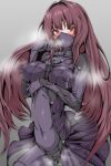  1girl absurdres bangs blush bodysuit breasts commentary_request covered_nipples eyebrows_visible_through_hair fate/grand_order fate_(series) hair_intakes highres lactation large_breasts long_hair looking_at_viewer mask mouth_mask ninja_mask purple_hair pussy_juice red_eyes scathach_(fate) schopdehollyhotter sidelocks skin_tight solo steam_from_mouth steaming_body very_long_hair 