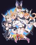  5girls animal_ears bare_shoulders bat_ears bat_girl bat_wings beleven black_eyes black_hair blonde_hair blue_eyes boots brown_eyes brown_hair brown_long-eared_bat_(kemono_friends) caracal_(kemono_friends) cat_ears cat_girl cat_tail choker coyote_(kemono_friends) elbow_gloves extra_ears gloves green_eyes grey_hair headphones highres hood hoodie humboldt_penguin_(kemono_friends) jungle_cat_(kemono_friends) kemono_friends kemono_friends_v_project leotard long_hair looking_at_viewer microphone multiple_girls one_eye_closed orange_hair penguin_girl penguin_tail short_hair shorts simple_background skirt sleeveless tail thighhighs virtual_youtuber wings wolf_ears wolf_girl wolf_tail yellow_eyes 