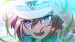  animal_ears blue_eyes brown_hair cheval_grand_(umamusume) grass hair_between_eyes hat highres horse_ears horse_girl open_mouth original_race_uniform_(umamusume) teeth tongue triangle umamusume umanii_(b4nyvfx) 