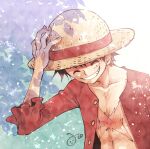  1boy ^_^ abs aco_peda black_hair buttons close-up closed_eyes commentary hand_on_headwear hat male_focus monkey_d._luffy one_piece open_clothes open_shirt red_shirt scar scar_on_chest scar_on_face shirt short_hair smile solo straw_hat upper_body 
