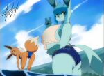 anthro beach bikini blulesnsfw bottomwear chubby_female clothing eevee eeveelution female generation_1_pokemon generation_4_pokemon glaceon nintendo overweight pokemon pokemon_(species) sea seaside shorts skinny swimwear water wet wet_clothing