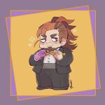  bags_under_eyes boogeyman_(housamo) bow bowtie colored_skin facial_hair goatee highres igarashi_(igarashi_ta) long_sideburns mature_male multicolored_hair mustache_stubble orange_bow orange_bowtie ponytail purple_skin red_eyes scar scar_on_face sideburns sideburns_stubble tokyo_afterschool_summoners tuxedo 