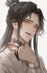  1boy absurdres blood blood_on_arm brown_hair hair_bun highres long_hair long_sleeves male_focus neck_tattoo parted_bangs robe spoilers tattoo tianguan_cifu very_long_hair white_hanfu white_robe wide_sleeves xie_lian yellow_eyes young57440489 