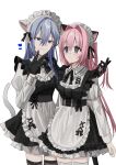  2girls alternate_costume animal_ear_fluff animal_ears apron black_dress blue_eyes brown_thighhighs cat_ears cat_girl cat_tail chihuri closed_mouth collared_shirt commentary_request dress dress_shirt ende_(chihuri) enmaided frilled_apron frills grey_hair hair_between_eyes hair_intakes hand_in_another&#039;s_hair heart highres juliet_sleeves long_hair long_sleeves maid maid_headdress multiple_girls nea_(chihuri) original pink_hair puffy_sleeves purple_eyes shirt simple_background sleeveless sleeveless_dress smile tail thighhighs very_long_hair waist_apron white_apron white_background white_shirt white_thighhighs yuri 