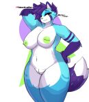 anthro big_breasts breasts canid canine eight_(dont_jinxit) female fluffy fluffy_tail fox fur genitals green_eyes green_genitals green_nose green_pussy hair hand_behind_head hi_res mammal multicolored_body multicolored_fur nipple_piercing nipples piercing purple_hair pussy remilust shaded short_hair smug soft_shading solo tail thick_thighs watermark