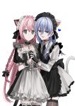  2girls :d alternate_costume animal_ears apron black_apron black_dress black_gloves black_necktie black_thighhighs blue_eyes blue_hair brown_thighhighs cat_ears cat_girl cat_tail chihuri closed_mouth collarbone collared_shirt commentary_request dress earrings ende_(chihuri) enmaided frilled_apron frilled_thighhighs frills garter_straps gloves hair_between_eyes hair_intakes heart highres holding_hands interlocked_fingers jewelry juliet_sleeves long_hair long_sleeves maid maid_headdress multiple_girls nea_(chihuri) necktie original pink_hair puffy_long_sleeves puffy_short_sleeves puffy_sleeves purple_eyes shirt short_sleeves simple_background skirt smile stud_earrings tail thighhighs very_long_hair white_apron white_background white_shirt white_skirt wrist_cuffs 