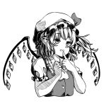  1girl ascot breasts buttons collared_shirt cropped_torso crystal finger_to_mouth flandre_scarlet frilled_shirt_collar frilled_sleeves frills greyscale hat hat_ribbon index_finger_raised kourou_(kouroukun) looking_at_viewer medium_hair mob_cap monochrome one_side_up puffy_short_sleeves puffy_sleeves ribbon shirt short_sleeves simple_background small_breasts solo touhou upper_body vest wings 