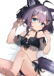  1girl absurdres ahoge animal_ear_fluff animal_ears arknights arms_up ass barefoot bikini black_bikini blue_eyes delfino expressionless feet fox_ears fox_girl fox_tail grey_hair highres legs_up lying on_back oripathy_lesion_(arknights) short_hair soles solo sussurro_(arknights) sussurro_(summer_flower)_(arknights) swimsuit tail thighs toes 