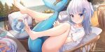  1girl :d artist_name ass barefoot bloop_(gawr_gura) blue_eyes blunt_bangs blurry casual commentary_request depth_of_field feet fins fish_tail gawr_gura grey_hair grin hair_ornament hairclip hololive hololive_english legs_up long_hair long_sleeves looking_at_viewer lying mujinbensin multicolored_hair open_mouth pillow revision shark_tail sidelocks smile soles streaked_hair tail toes two-tone_hair two_side_up virtual_youtuber wooden_floor 