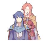  1boy 1girl ahoge aunt_and_nephew blue_cape blue_eyes blue_hair cape closed_eyes closed_mouth commentary_request ethlyn_(fire_emblem) eyelashes fire_emblem fire_emblem:_genealogy_of_the_holy_war gold_trim haconeri hairband hand_on_another&#039;s_shoulder long_hair open_mouth orange_cape pink_hair red_cape seliph_(fire_emblem) sidelocks simple_background smile two-sided_cape two-sided_fabric two-tone_cape white_background white_hairband 