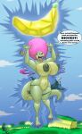 2024 3_toes 4_fingers afro anthro areola artist_name big_areola big_breasts blue_sky breasts clawed_feet clawed_fingers claws clothing colored_claws crocodilian curvy_figure detailed_background dialogue digital_drawing_(artwork) digital_media_(artwork) donkey_kong_(series) english_text eyelashes feet female finger_claws fingers green_body green_scales hair hi_res hourglass_figure huge_areola huge_breasts kalypso kremling long_tail multicolored_body multicolored_scales navel nintendo nipples nude open_mouth open_smile outside pink_claws pink_hair red_eyes reptile scales scalie shinysteel signature sky small_waist smile solo tail text thick_thighs toe_claws toes torn_clothing two_tone_body two_tone_scales voluptuous wide_hips