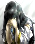  1girl black_hair crying detached_sleeves dress gensou_suikoden ikunosake jewelry long_hair long_sleeves necklace simple_background solo viki_(suikoden) white_background 