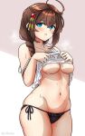  1girl ahoge areola_slip arthur_ko black_panties blue_eyes blush braid breasts brown_hair camisole cowboy_shot groin hair_between_eyes hair_flaps highres jewelry kantai_collection long_hair looking_at_viewer medium_breasts navel open_mouth panties ring shigure_(kancolle) shigure_kai_san_(kancolle) side-tie_panties single_braid solo sweat twitter_username two-tone_background underboob underwear wedding_ring wet white_camisole 