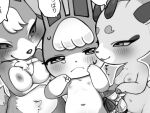 animal_crossing anthro antlers audie_(animal_crossing) big_breasts black_and_white blep blush bovid breast_squish breasts canid canine canis caprine clothed clothing crossdressing crotch_tuft dipstick_tail dress female fur furgonomics goat group hair half-closed_eyes hoof_hands horn inviting japanese_text lagomorph leporid looking_at_another looking_at_partner male male/female mammal markings monochrome multicolored_body multicolored_fur narrowed_eyes navel neck_tuft nintendo nipples nude rabbit saamon_1010 sasha_(animal_crossing) shino_(animal_crossing) shy smile smirk squish tail tail_markings text tongue tongue_out trio tuft two_tone_body two_tone_fur wolf
