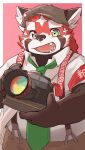 2024 ailurid anthro biped black_body black_nose camera clothing hat headgear headwear hi_res kemono lifewonders mammal necktie open_mouth red_body red_panda shirt simple_background solo tokyo_afterschool_summoners topwear zhurong_(tas) zimasanda