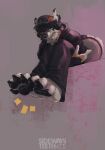 4_toes 5_fingers anthro barefoot black_hair black_pawpads canid canine claws clothing eyewear feet fingers glasses hair hat headgear headwear hi_res male mammal pawpads paws schizy sitting smile soles solo toe_claws toes tongue tongue_out