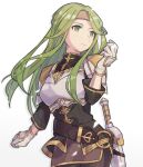  1girl armor breastplate brown_hairband closed_mouth commentary_request fire_emblem fire_emblem:_the_sacred_stones gloves gold_trim green_eyes green_hair haconeri hairband long_hair pantyhose sheath sheathed shoulder_armor simple_background smile solo sword syrene_(fire_emblem) weapon white_background white_gloves 
