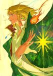  1boy 1other avenoirn blonde_hair blue_eyes calcifer coat collared_coat commentary earrings english_commentary floating_hair green_coat highres howl_(howl_no_ugoku_shiro) howl_no_ugoku_shiro jewelry looking_at_viewer male_focus medium_hair necklace profile shirt simple_background smile star_(symbol) upper_body yellow_background 